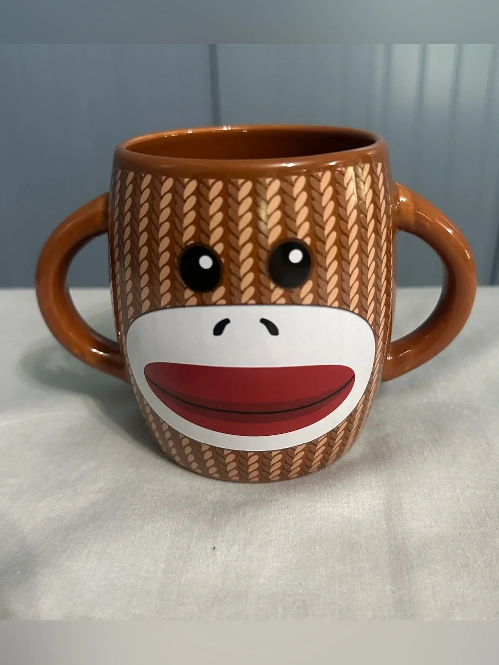 Galerie Sock Monkey Double Handle Mug Coffee Cup Brown Knit Pattern Ceramic